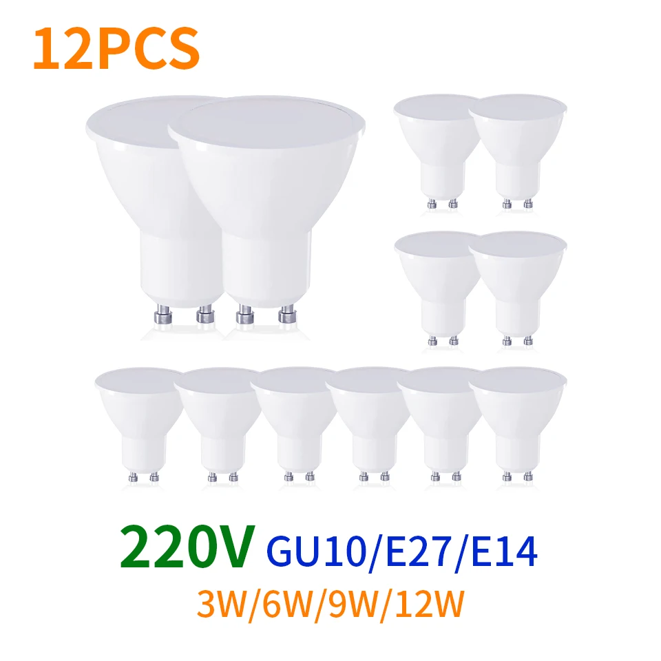 12PCS AC220V LED Bulb 3W 6W 9W 12W GU10 LED Spotlight Bulb 270 Degree Beam Angle For Home Office Decoration Lamp Light