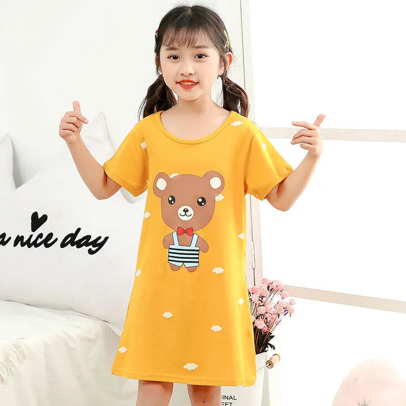 New Summer Girls Cotton Nightdress Baby Pajamas Short-sleeved Kid Girl Sleepwear Large Size Nightgowns for Girl 8 Years 14 Years