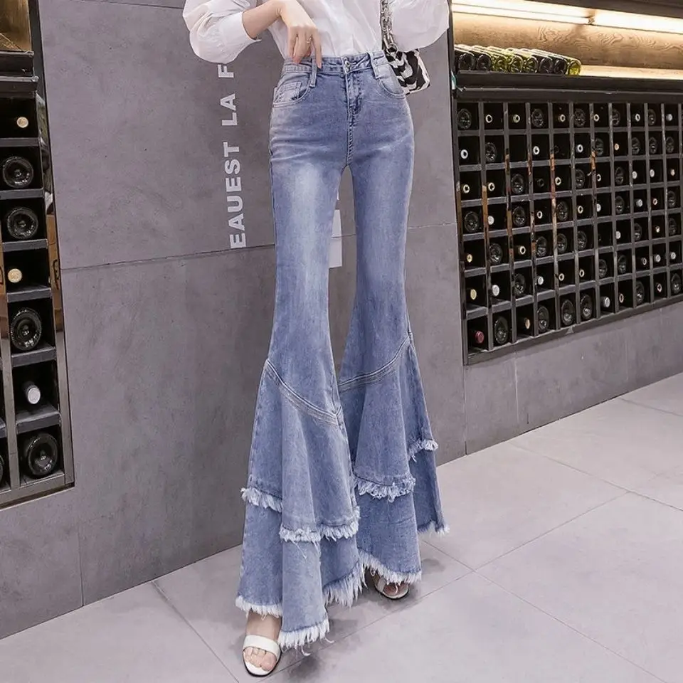 

Flare Jeans Women Pant Fringed Tassels Split Slim Jeans Ladies Stretchy Pants High Waist Denim Pants