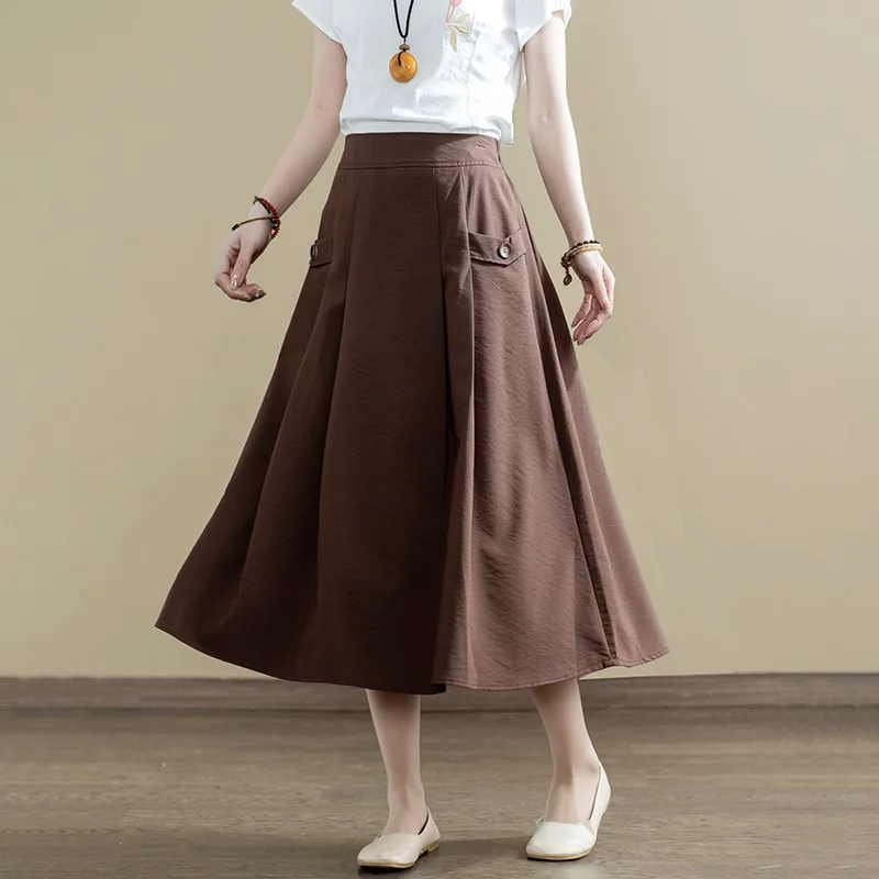 Free Shipping 2023 New Linen Fashion Long Maxi A-line Skirts For Women Elastic High Waist Summer Pockets Skirts Blue Beige Black