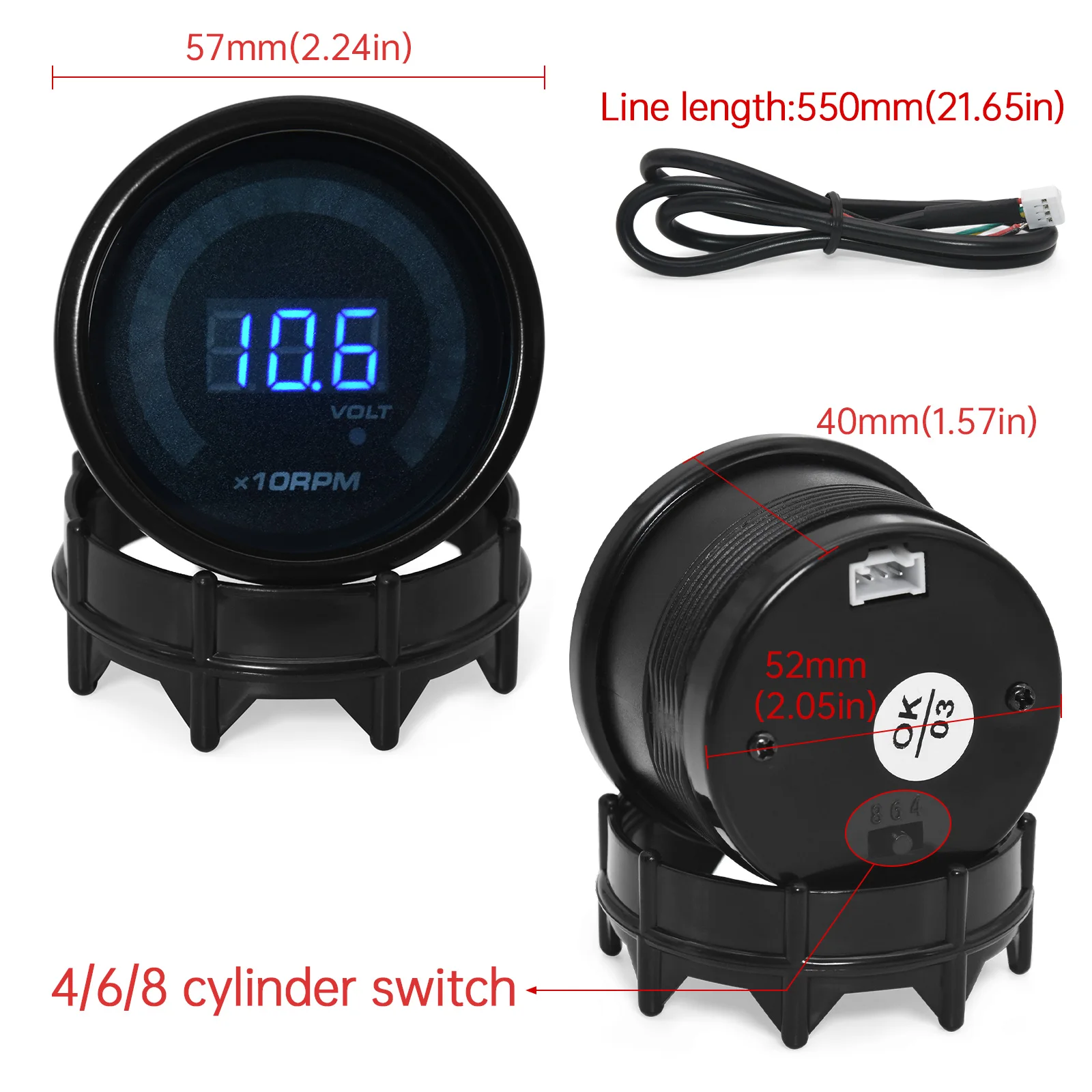52mm Car Tachometer 0~9999 RPM Tacho Meter With Volts Fit 4/6/8 Cylinder Holder Cup For Car Racing 12V