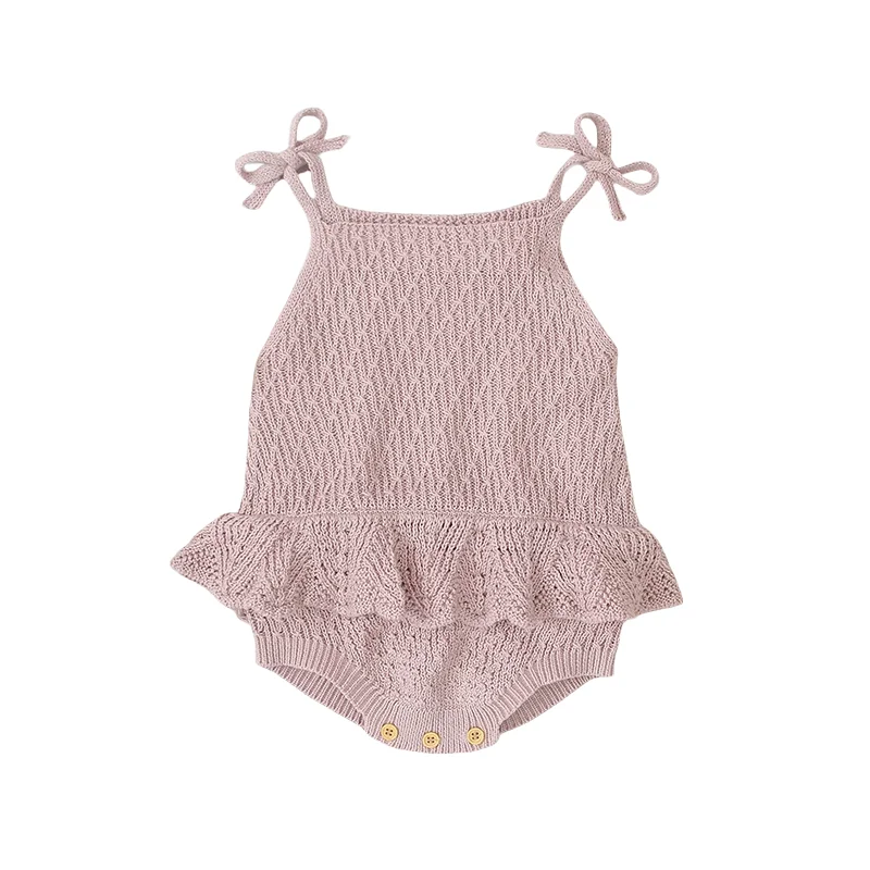 100% Cotton Knit Baby Romper 0-2 Years Bowknot Ruffled Sling Jumpsuit for Infant Girls Snap Button Diaper Change Design Romper