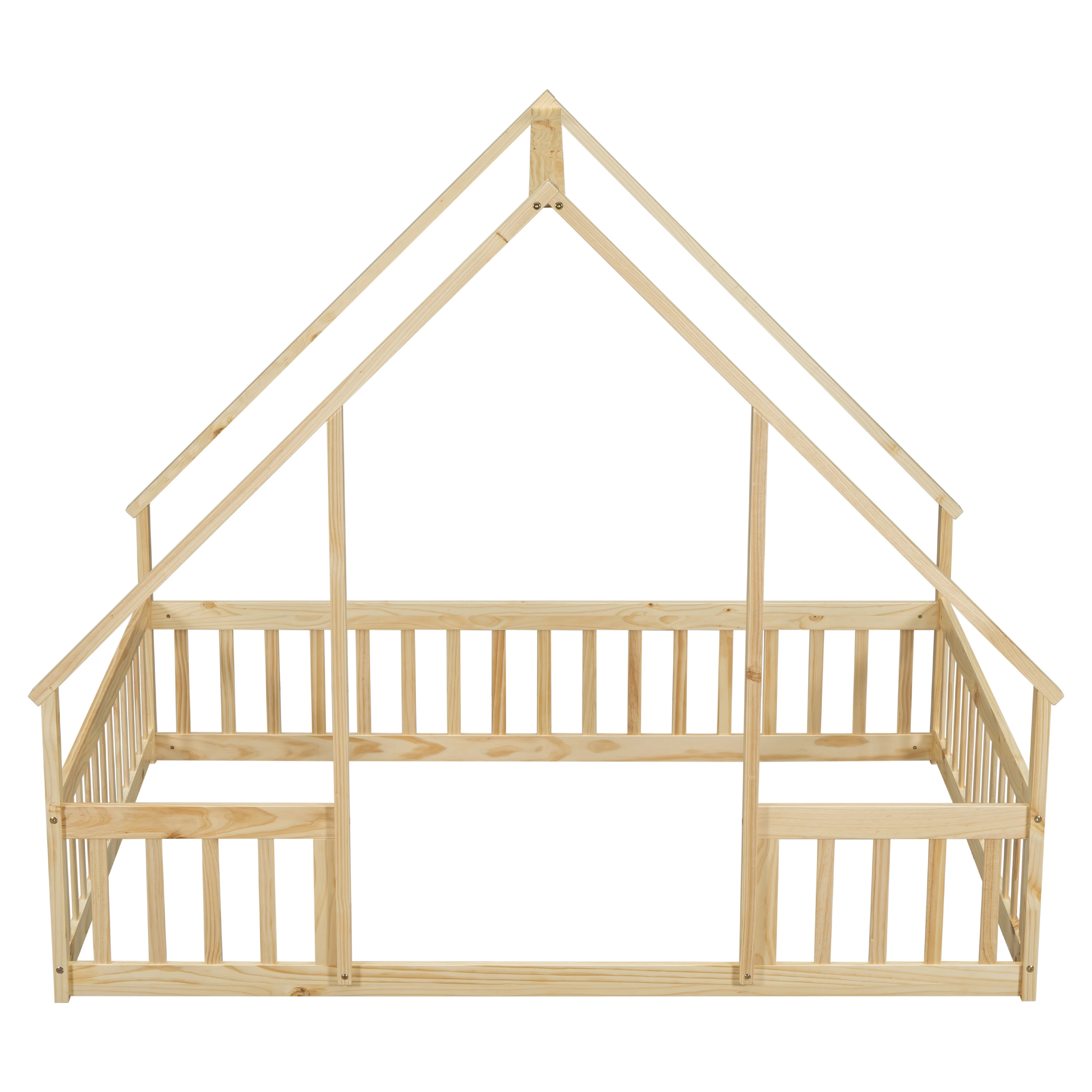 Twin Wood House-Shaped Floor Bed with Fence, Guardrails 4