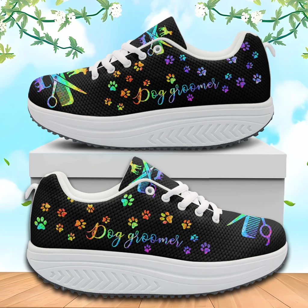 

INSTANTARTS Fashion Height Increasing Shoes for Women Pet Barber Hairdresser Print Lace-up Platform Sneakers Outdoor Thick Sole