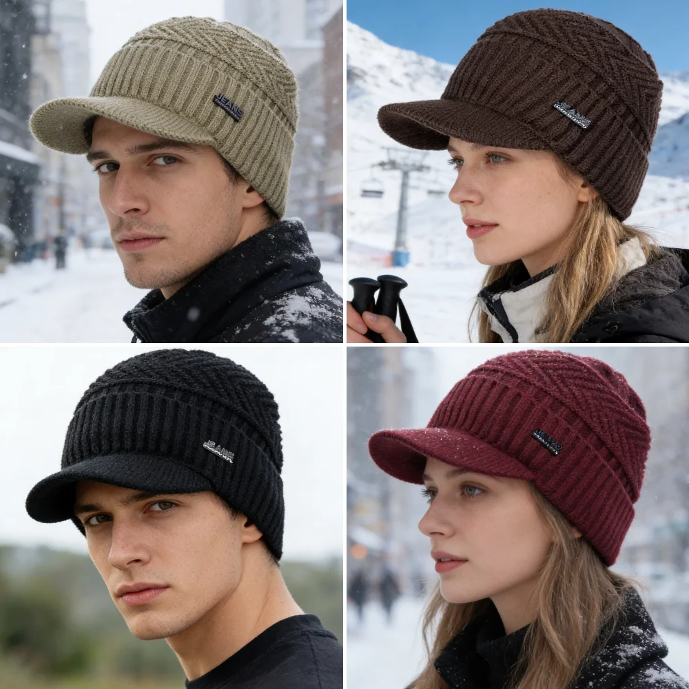 Hot Sale Unisex Warm Winter Hats Stylish Plush Fur Lined Soft Beanie Cap With Brim Thick Knitted Hats For Men Women