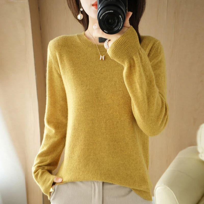 Autumn and winter new women's solid color round neck sweater pullover long-sleeved knitted bottoming shirt women's top 4