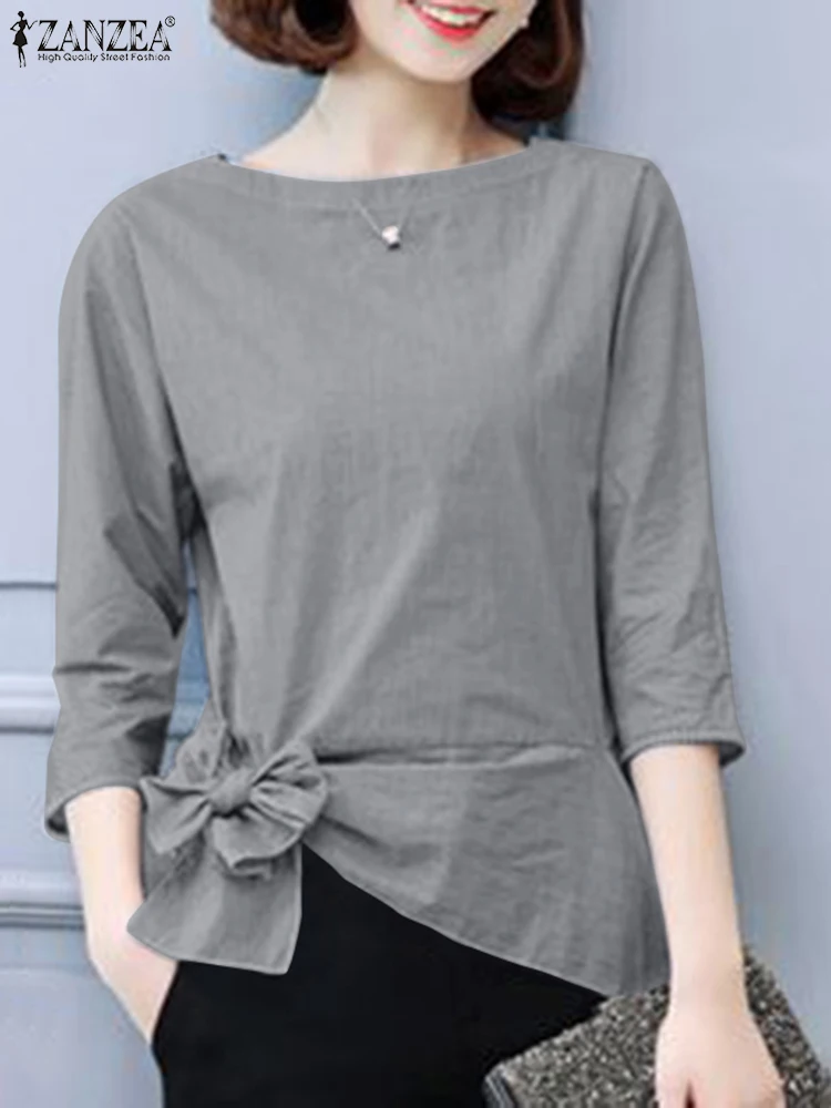 

Модная блузка ZANZEA с рукавом 3/4, Женские однотонные топы с круглым вырезом, осенняя элегантная рубашка на пуговицах, Женская Повседневная Блузка с бантом, 2023