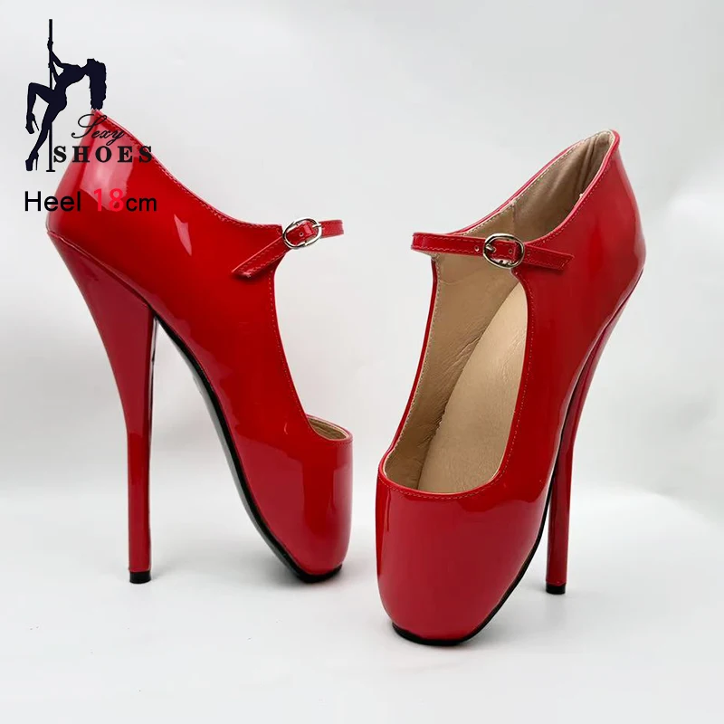 18CM/7Inch High heel Women Fetish Buckle Strap Ballet Shoes Red Pointy Toe Unisex SM Stiletto Heels Fashion Queen Pumps Size 46