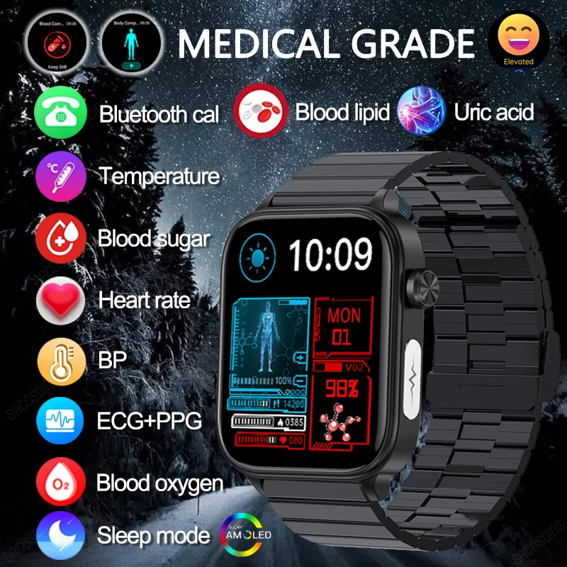 Blood Sugar Smart Watch Health Blood Lipid Uric Acid Watch Smart Ecg + Ppg Body Blood Composition Bluetooth Call Sports Smartwatch