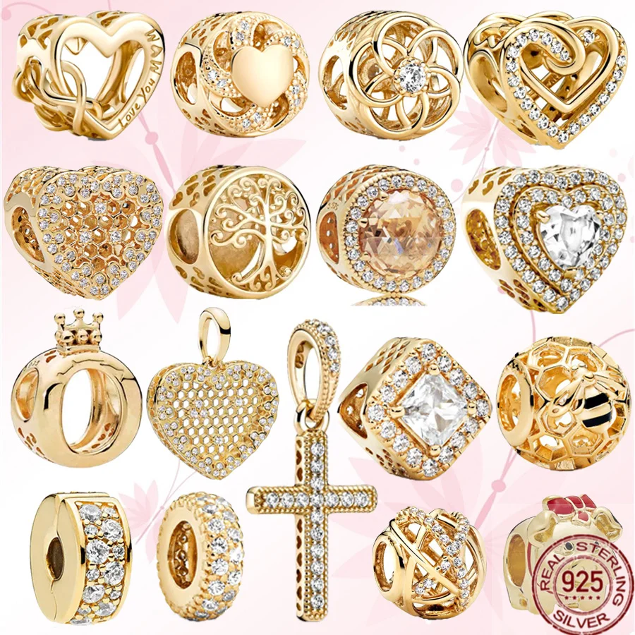

NEW Gold Plated 925 Sterling Silver Crown Leveled Hearts Cross Pendant Charm Bead Fit Original Pandora Bracelet DIY Jewelry Gift