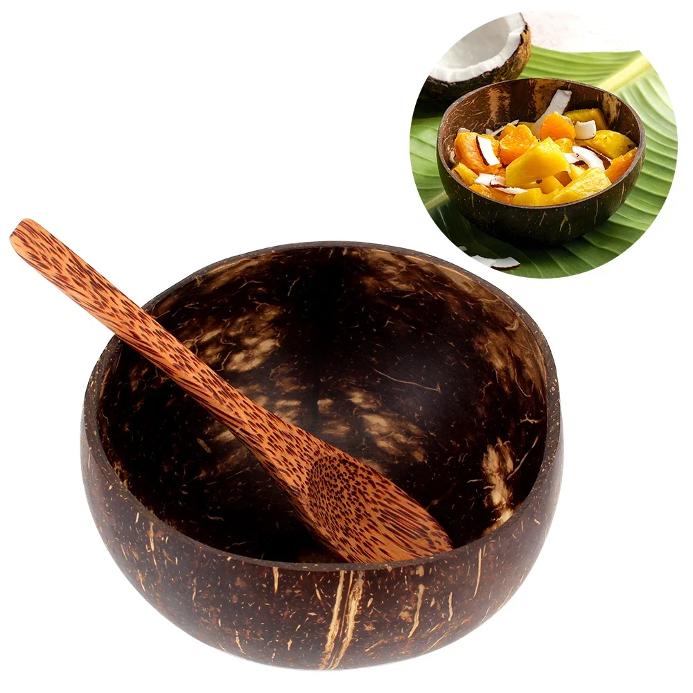 Coconut Shell Bowl Natural Old Coconut Shell Tableware Set Wooden Rice Bowl Spoon Fruit Salad Storage Kitchen Tableware