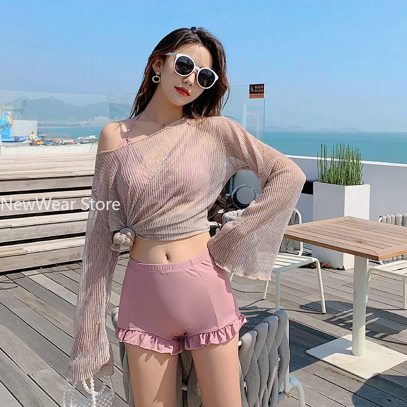 New bikini sets Korean Swimsuit Three-Piece Bikins Cover up Swim Suit for Women High Waist Summer Beach Women's Swimming bq