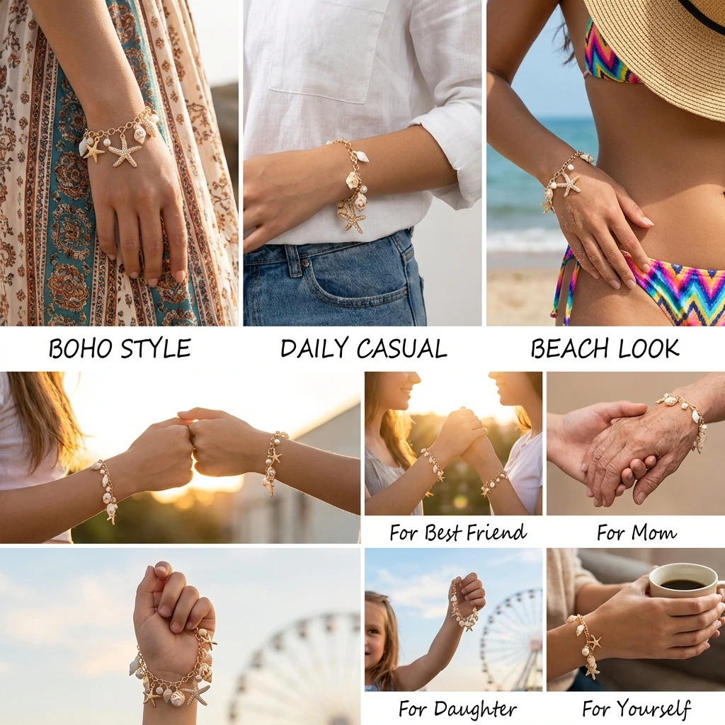 Böhmisches Armband im Ozeanstil für Damen, goldfarben, mit Seestern, Muschel und simulierter Perle, Handkette, Urlaubsgeschenk – Detail 2