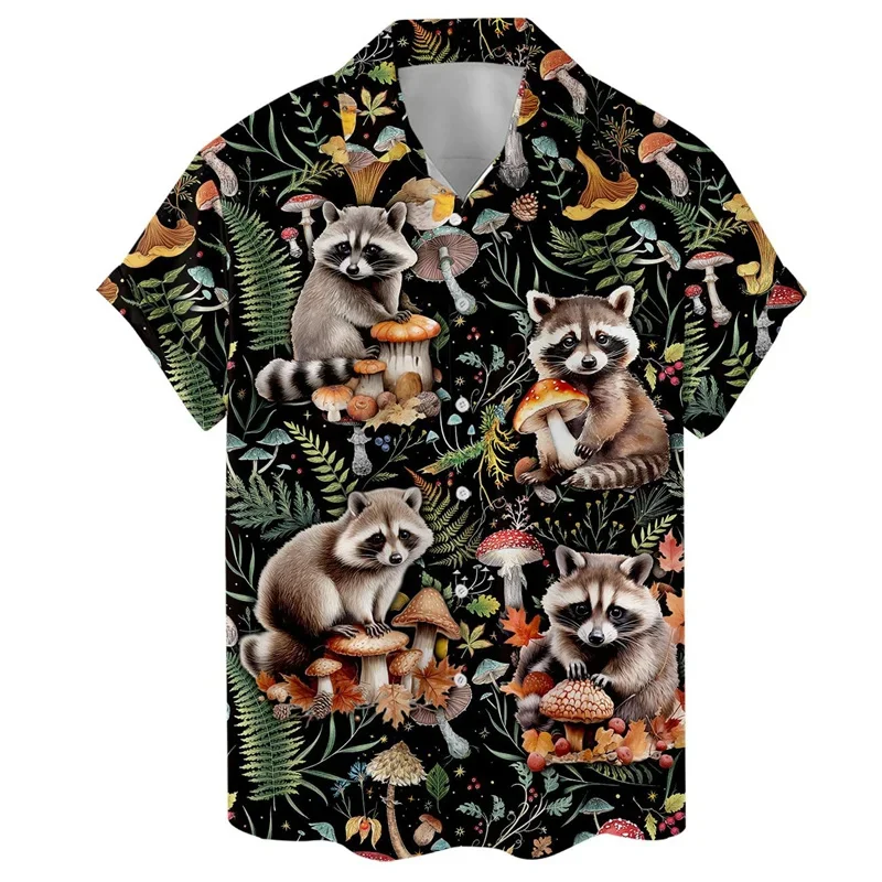 thumbnail image 1 of Camisa hawaiana con estampado 3D de gato y mapache para hombre, blusa con estampado de plantas y animales, blusa de moda con solapa y botones, camisetas Aloha de manga corta, 1 of 5