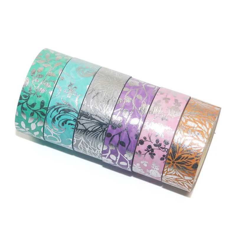 6pcs 실버 호 일 꽃 Washi 테이프 세트 15mm * 5m 꽃 접착제 마스킹 테이프 장식 스티커 일기 앨범 F7044