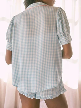 Women Plaid Pajama Set Short Sleeve Button Closure Shirt with Shorts Sleepwear Loungewear 2
