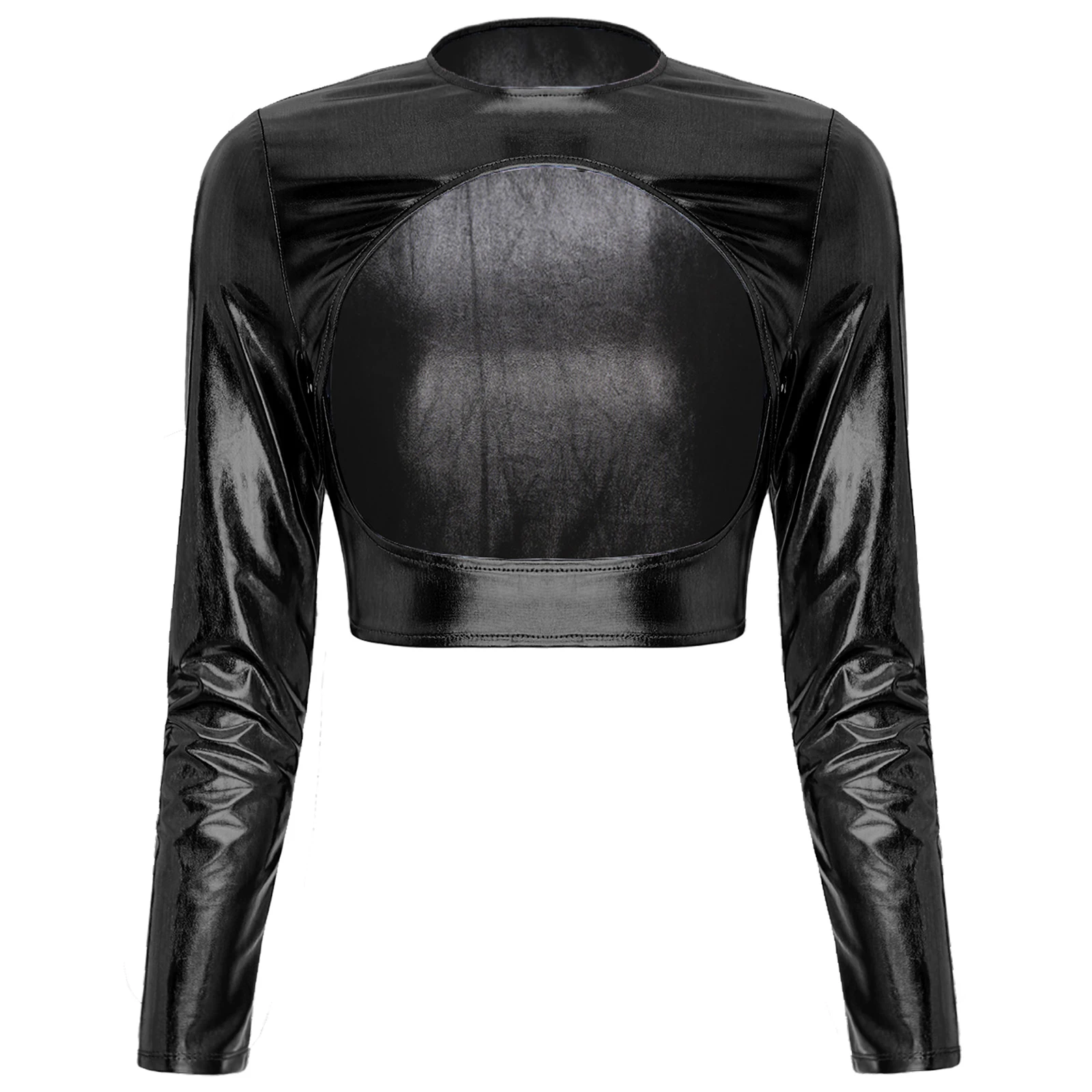 thumbnail image 1 of Camiseta tentadora de manga larga con cuello redondo para mujer, Top ceñido al cuerpo con frente abierto, ropa para discoteca, Top corto recortado metálico brillante, disfraz de discoteca Rave, 1 of 5