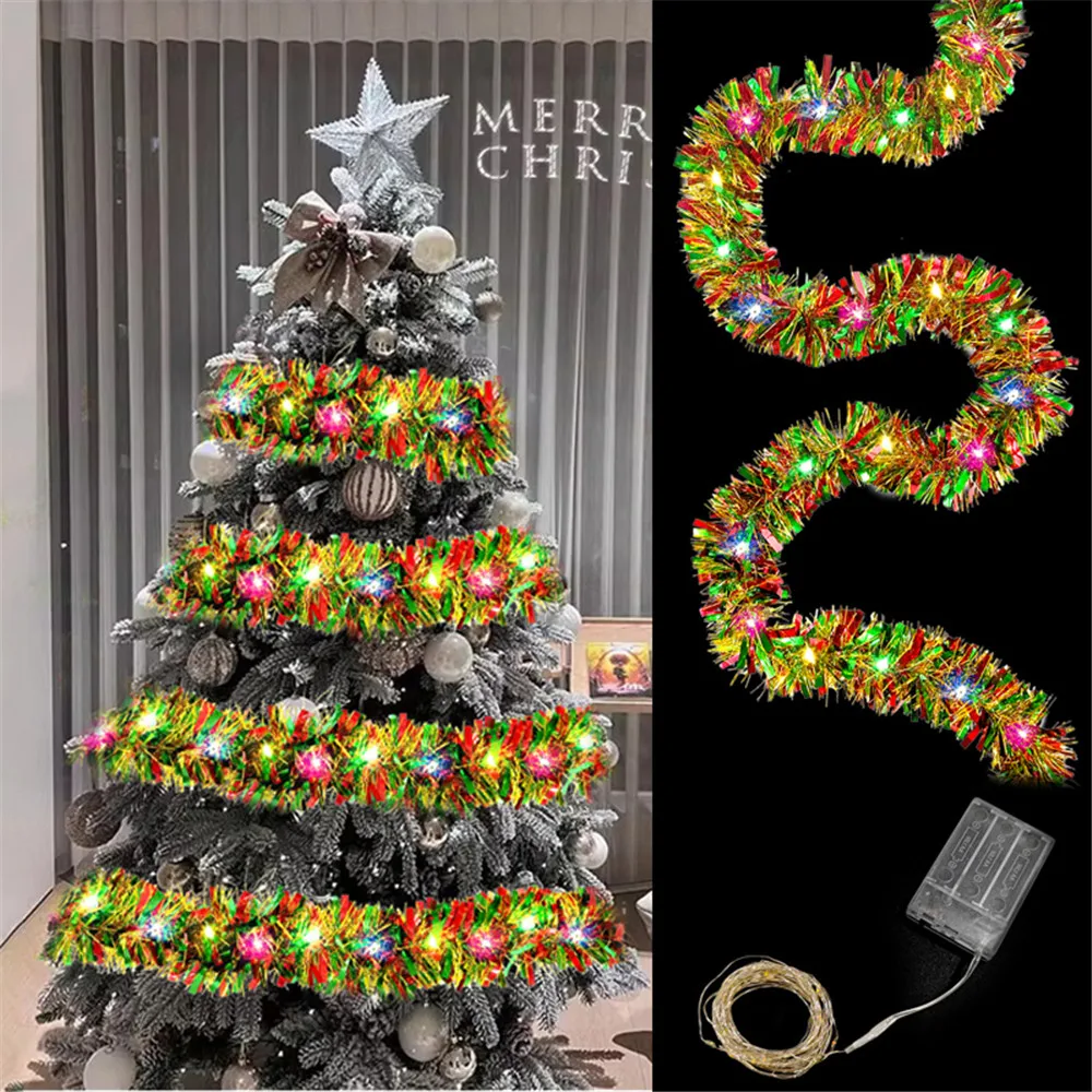 Metallic Christmas Tinsel Garland with LED Lights for Home Decor