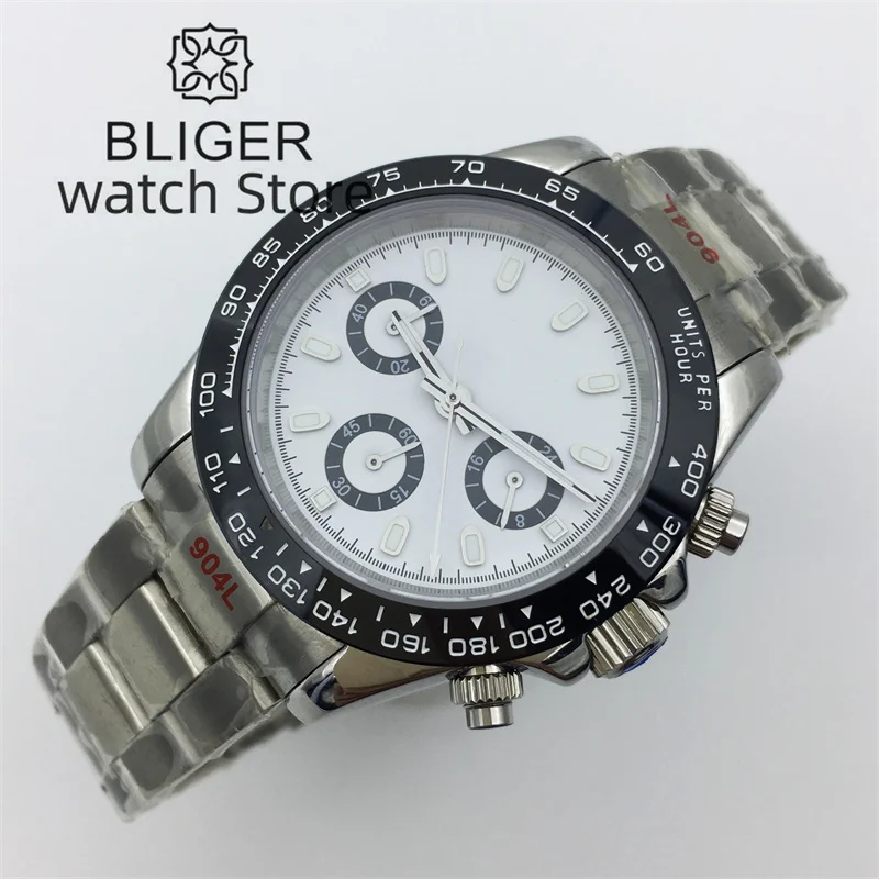 Bliger39mm quartz men's watch VK63 movement motion multifunctional time meter commercial sapphire Black white dial luminous inde