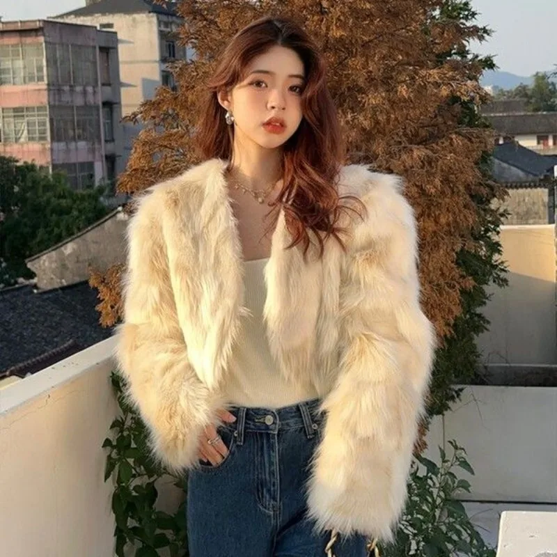 Women's Faux Fox Fur Coat, Gradient, Loose, Thicken, Warm, Casual Outwear, V-neck, Female Temperament, Winter Fashion, New, 2024