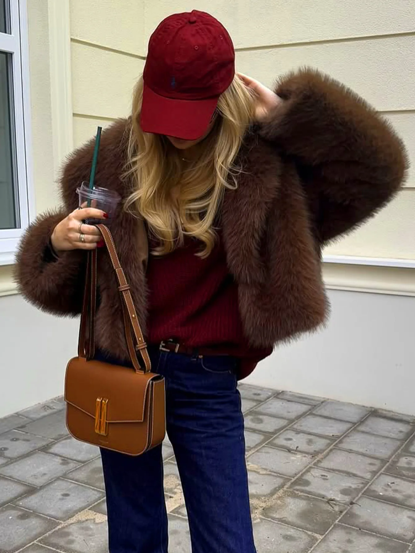 Women Faux Fur Coats Solid Short Jackets Big Turn Down Collar Long Sleeves Open Stitch Straight Fit Casual 2025 Autumn Winter