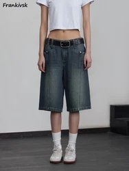 Knee Length Jeans Women Summer Low Waist Trousers Simple High Street Chic Loose Pockets Straight Fashion Distressed Casual Denim