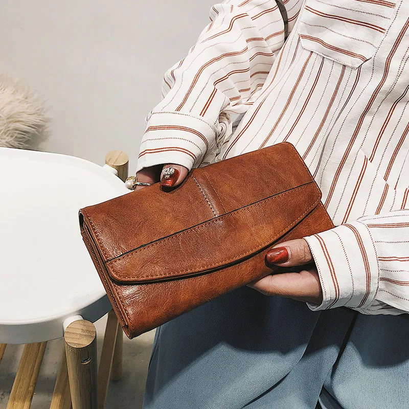 retro de tres pliegues para mujer, cartera larga de cuero PU, de mano femenino con broche, bolso teléfono, bolso para tarjetas para chica, alta calidad|Carteras| - AliExpress