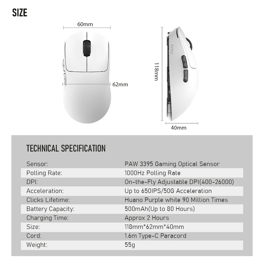 Kysona Aztec Red PAW3395 Wireless Gaming Mouse 55g Ultra-Light 26000DPI 6 Buttons 90 Million Optical Computer Mice For Laptop PC