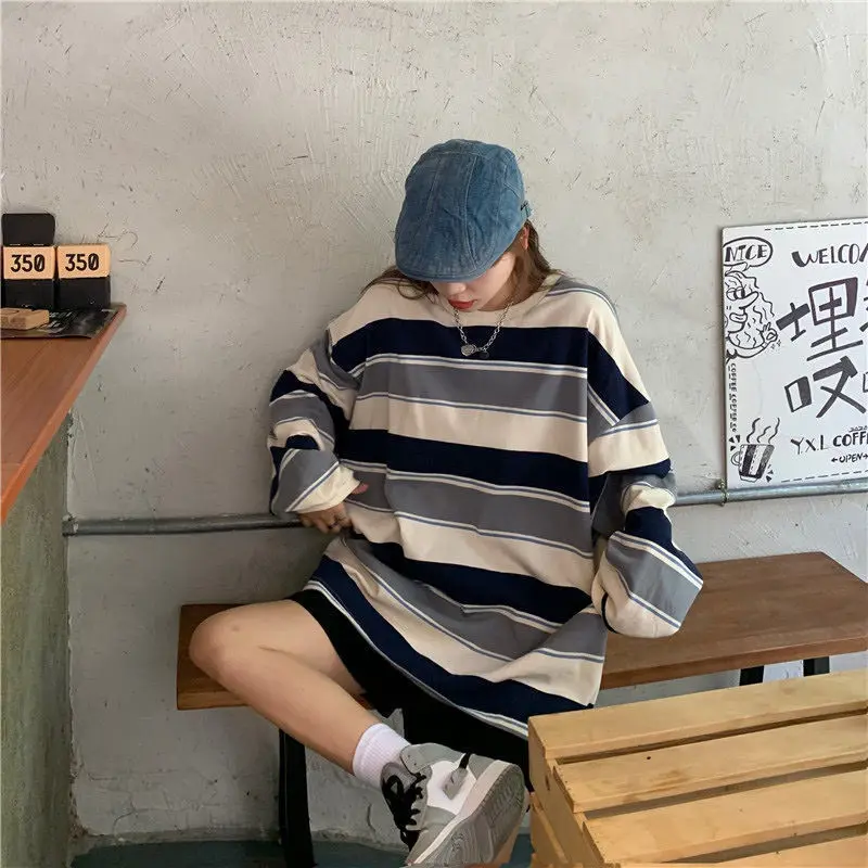 

Women Hoodies Autumn Spring Oversized Sweatshirt Harajuku Pullovers Striped Korean Fashion Couples Long Sleeve Streetwear Tops