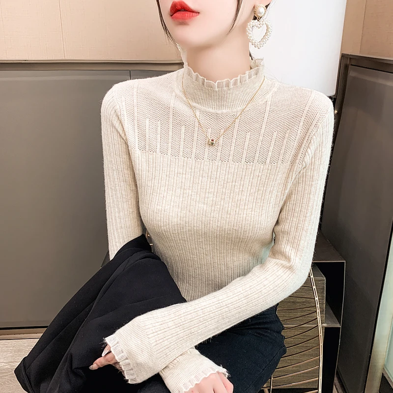 

Women Lace Patchwork Half High Collar Knitted Bottoming Shirt Autumn Winter Casual Simplicity Solid Slim Long Sleeved Sweater