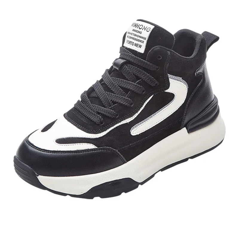 2024 Early Spring New Genuine Leather High Top Dad Shoes Women's Thick Sole Color Blocking and Velvet Lacing Casual Sports Shoes Instagram Trendy_voghion.com