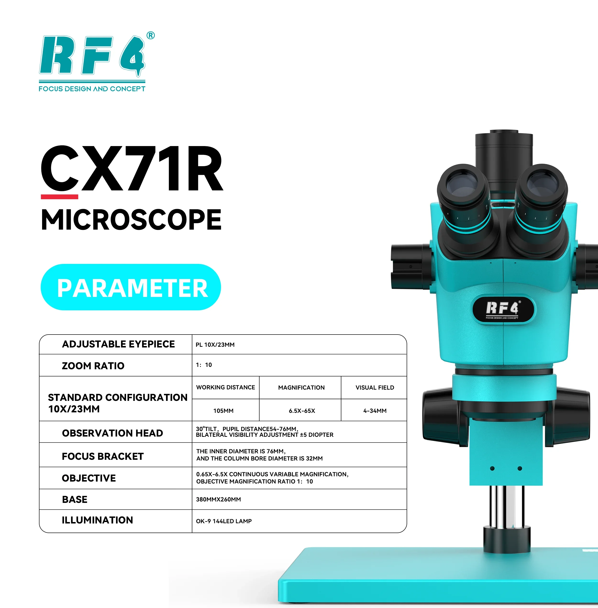 RF4 CX71R Trinocular Stereo Microscope 6.5X-65X Zoom for Phone