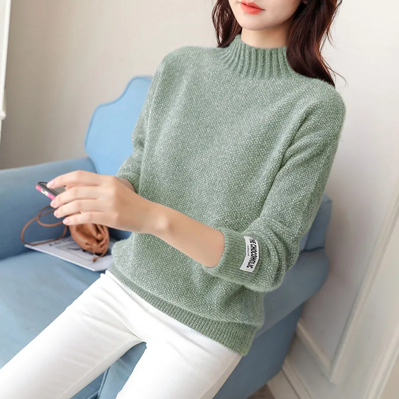 

Women's Mink Cashmere Half High Neck Loose and Thickened with Bottomed Long Sleeve Knitted Sweater Woman Sweaters Pullover