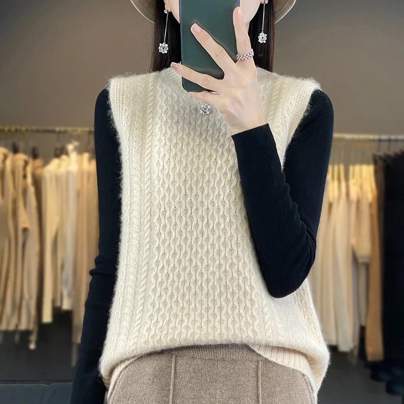 

Women's 100% Merino Wool Sleeveless Sweater, Round Neck Pullover, Loose Cashmere Vest Tops, Autumn and Winter Fashion, New, 2023