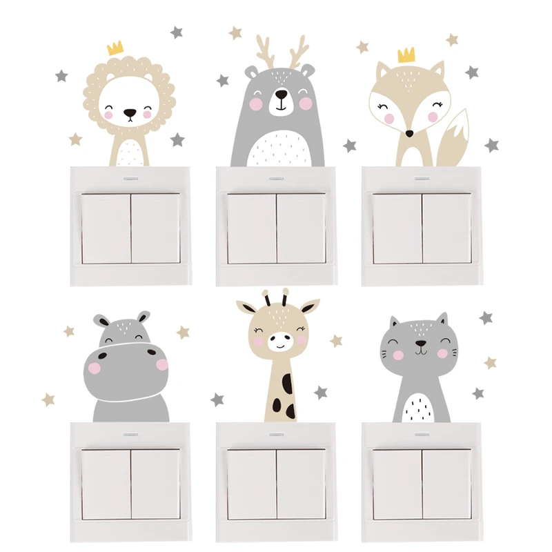 Description Picture 5 of item6pcs/set Boho Color Cute Smile Cartoon Animals Switch Stickers for Wall Kids Room Baby Nursery Room Wall Decals Stars Home Decor