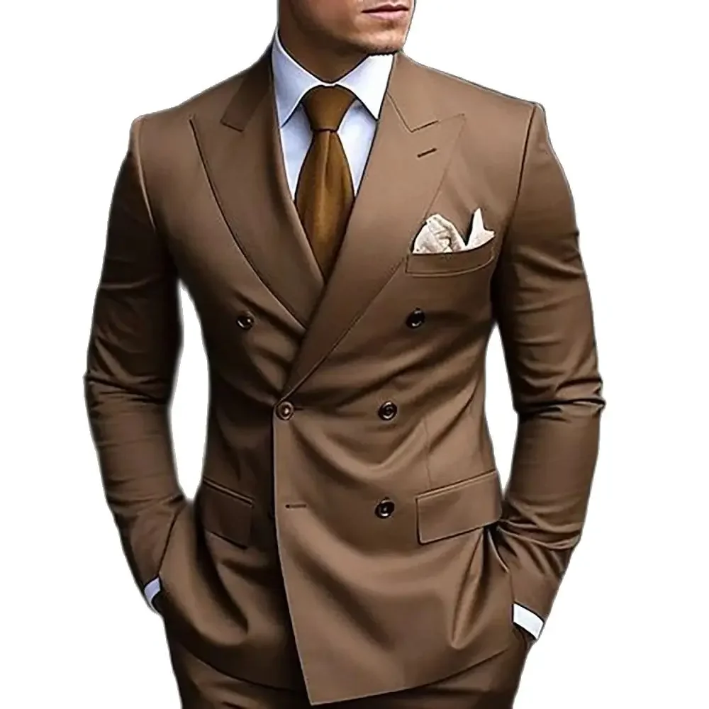 High Quality Brown Men's Suits Double Breasted Bespoke Double Breasted Peaked Lapel Formal Blazer Slim Fit 2 Piece Jacket Pants 2