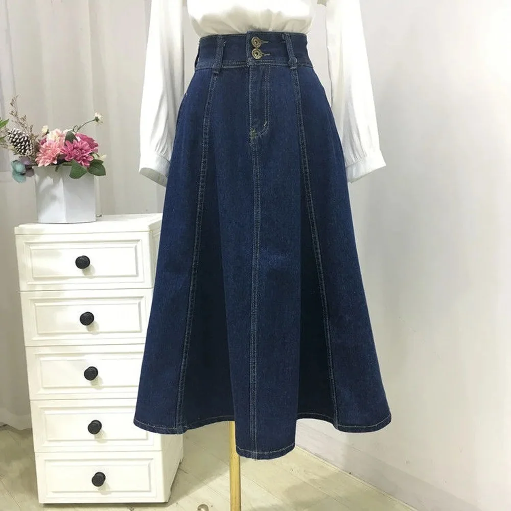 

Denim Skirt Women Mid-Calf Length Dress Spring Autumn Fashion Female Long Sewing Thread Single Breasted Loose Casual Jeans Skirt