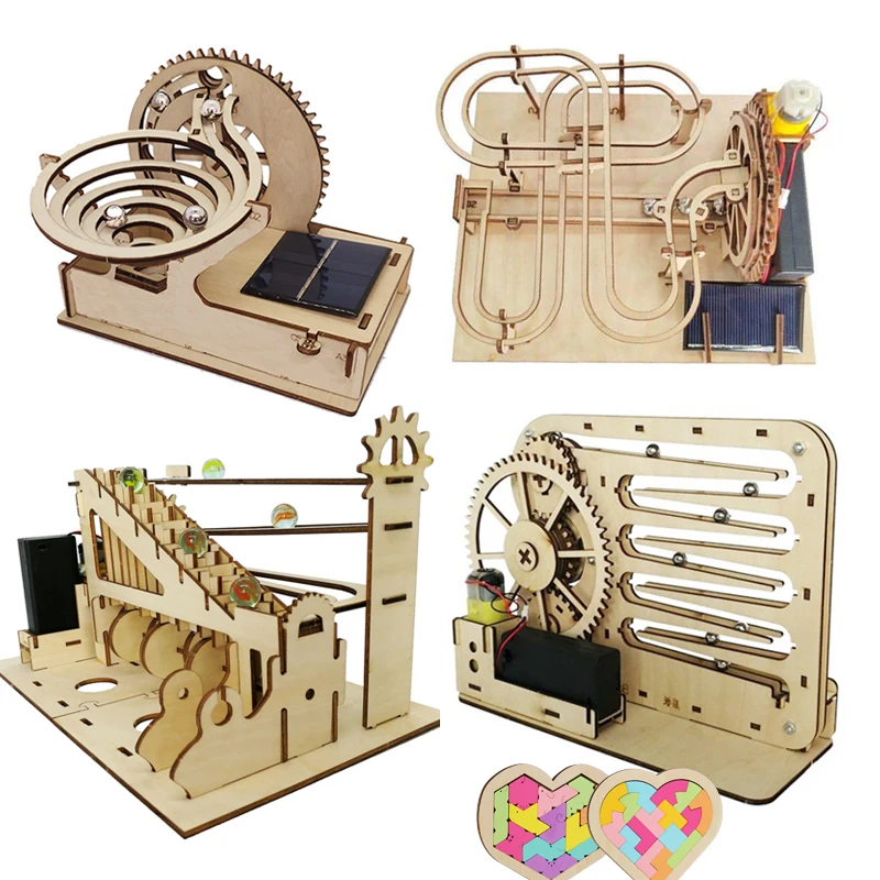 3D Wooden Puzzle DIY Assemble Mechanical Marble Run Gear Model Building Kit Steam Science Puzzles Educational Toys Gift for Kids