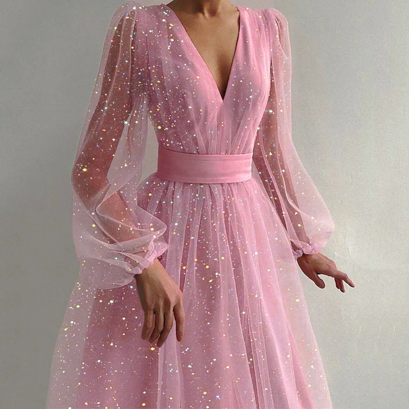 

Женское милое и милое блестящее платье в сеточку, модное женское платье с V-образным вырезом и длинными рукавами, пышная юбка, тонкие сетчатые платья, 2024