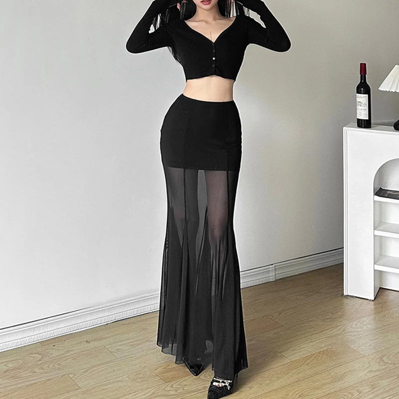 Elegant Skirt Women y2k Clothes See Through High Waist Fishtail Hem Mesh Bodycon Skirt 2000s Party Skirts Streetwear