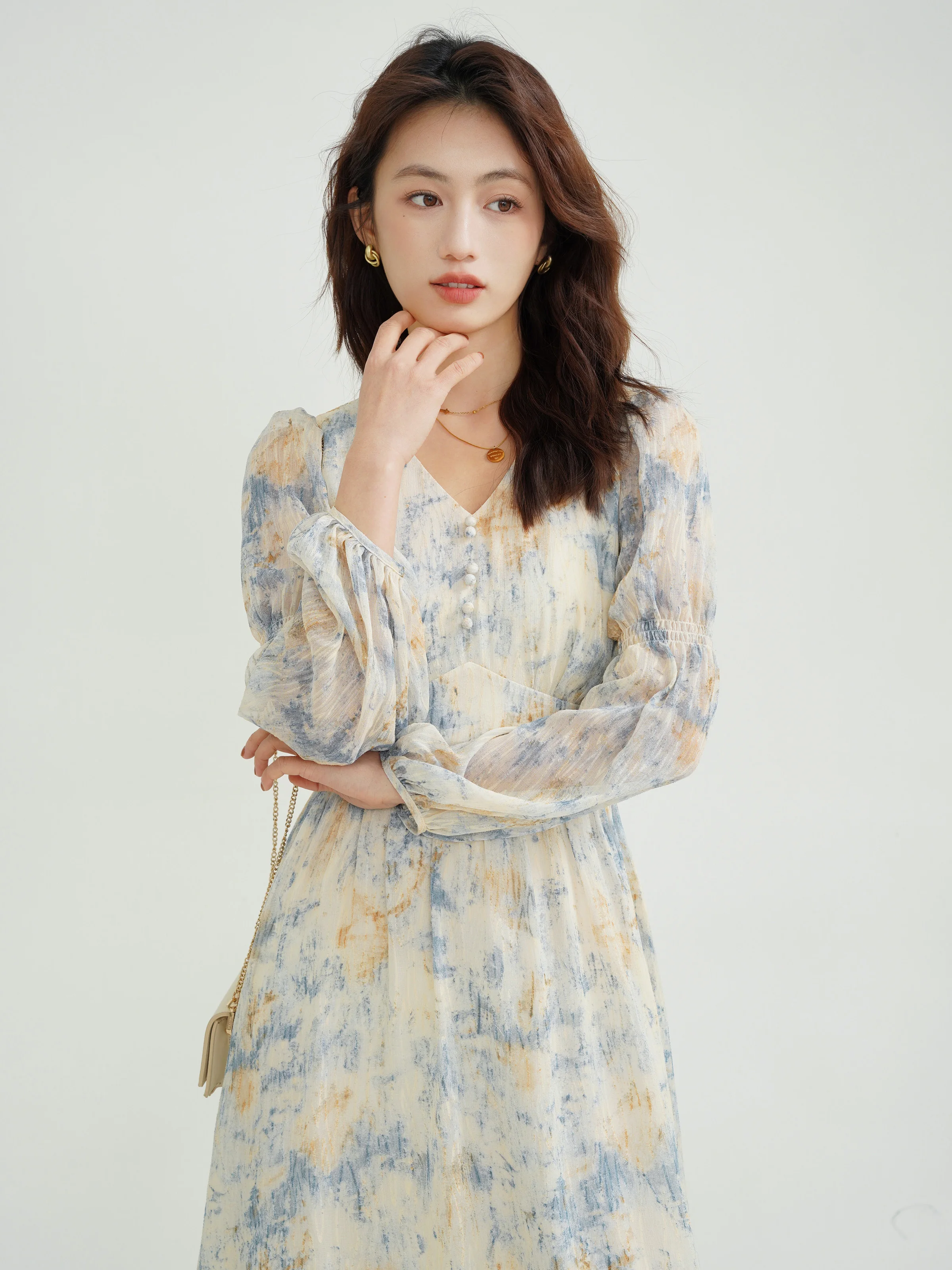 Vintage Floral V-neck Dress Feminine Chiffon Long Dress Waist