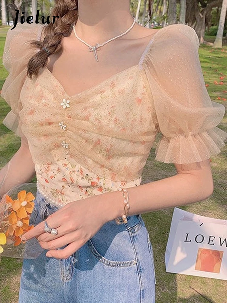 

Топ женский с цветочным принтом, милая элегантная шикарная одежда с коротким рукавом, праздничный красивый кружевной топ в французском ретро стиле, на лето