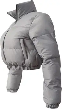 Puffer Jacket Womens Cropped Zip Casual Cotton Coat Up Padding Warm Jackets Winter Coats 5
