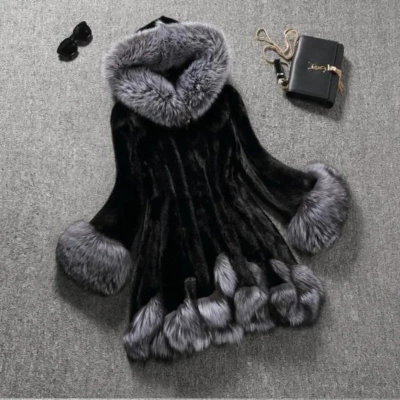 Fur Lined Coat Medium Length Imitation Mink Female Slim Fitting Hood with Thickened Fur Coat