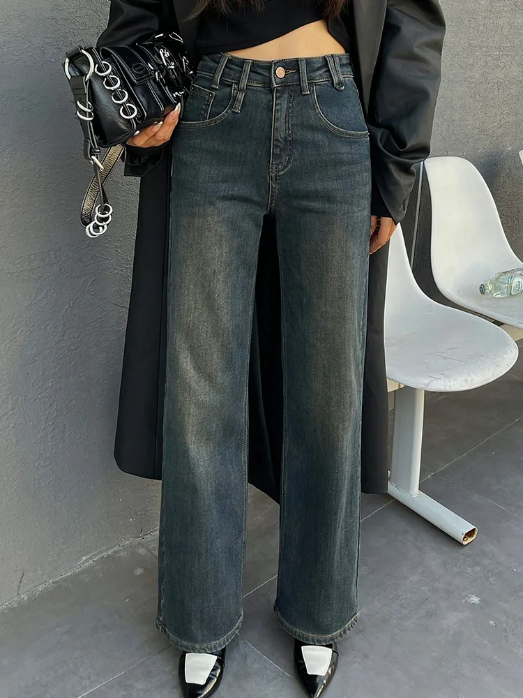 

Vintage Flocked Denim High Waist Loose Wide Leg Pants 2023 Winter New Korean Fashion Women'S Clothing