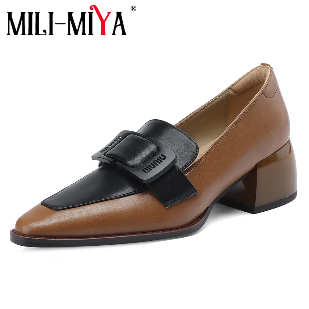 

MILI-MIYA Fashion Mixed Color Pointed Toe Women Full Genuine Leather Pumps Slip On Thick Heels Dress Party Shoes Handmade