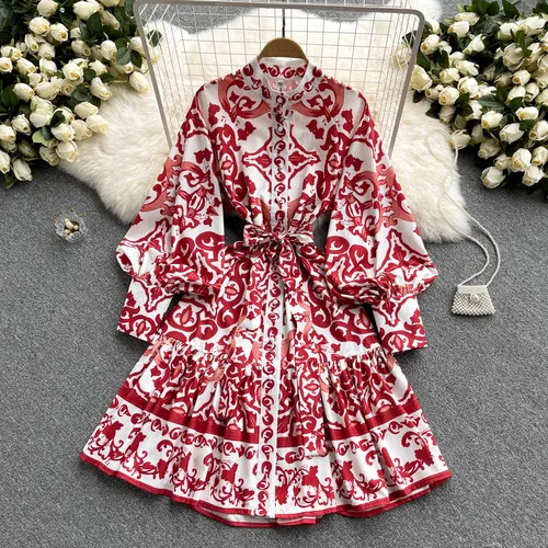 Palace retro dress 2022 spring and autumn new stand-up collar print lantern sleeve waist tie single-breasted shirt skirt purple dress Dresses