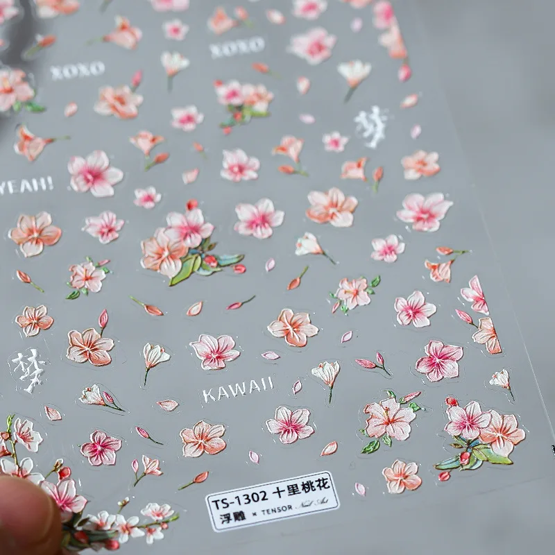 

5D Peach Blossoms Relief Nail Art Sticker Pink Flowers Embossed Self Adhesive Nail Decals Manicure Sliders DIY Nail Decorations