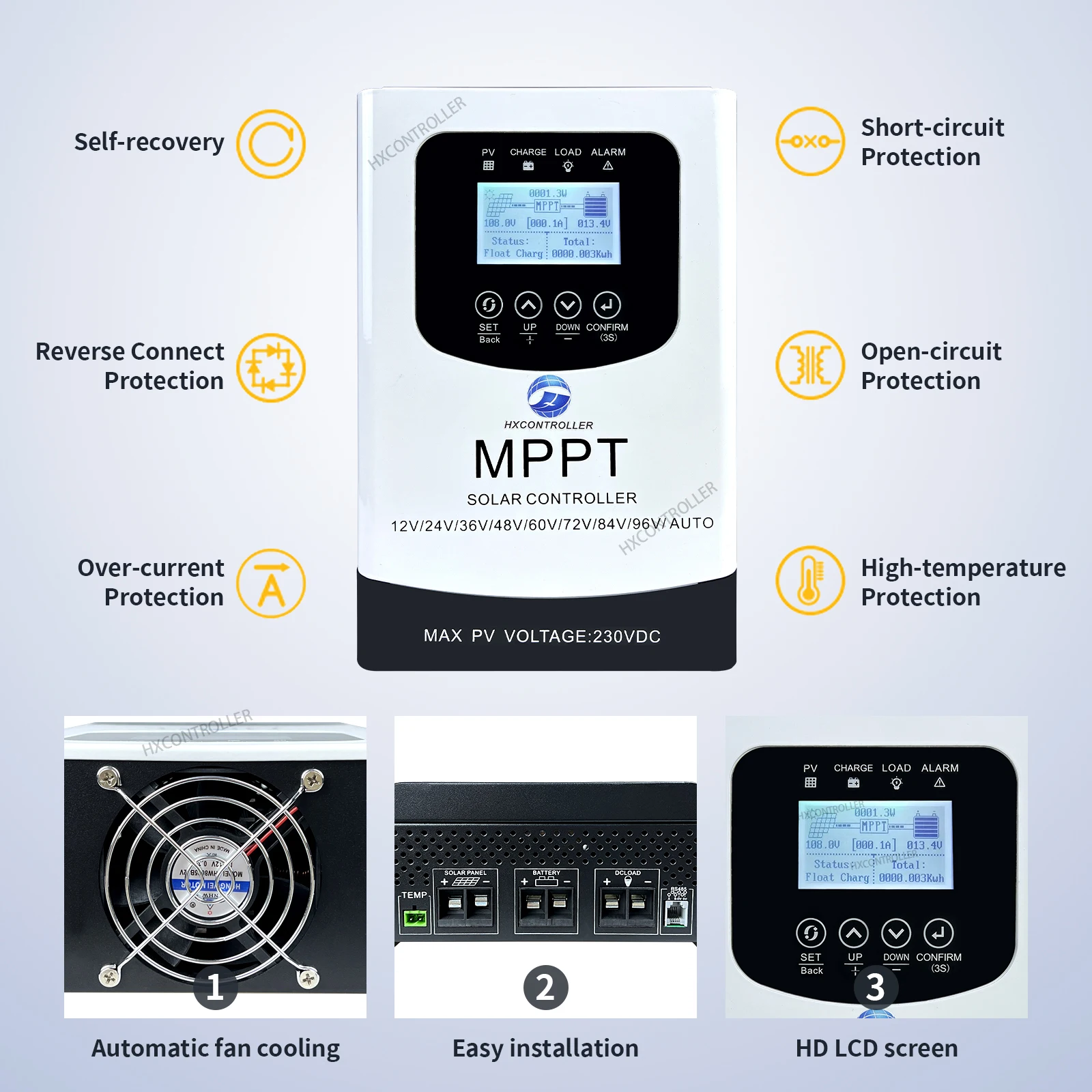 LCD ġ ÷̰ ִ MPPT ¾籤  Ʈѷ,  ¾籤 ý, EU ̱ , 100A, 80A, 230VDC, 24V, 48V, 60V, 72V, 96V