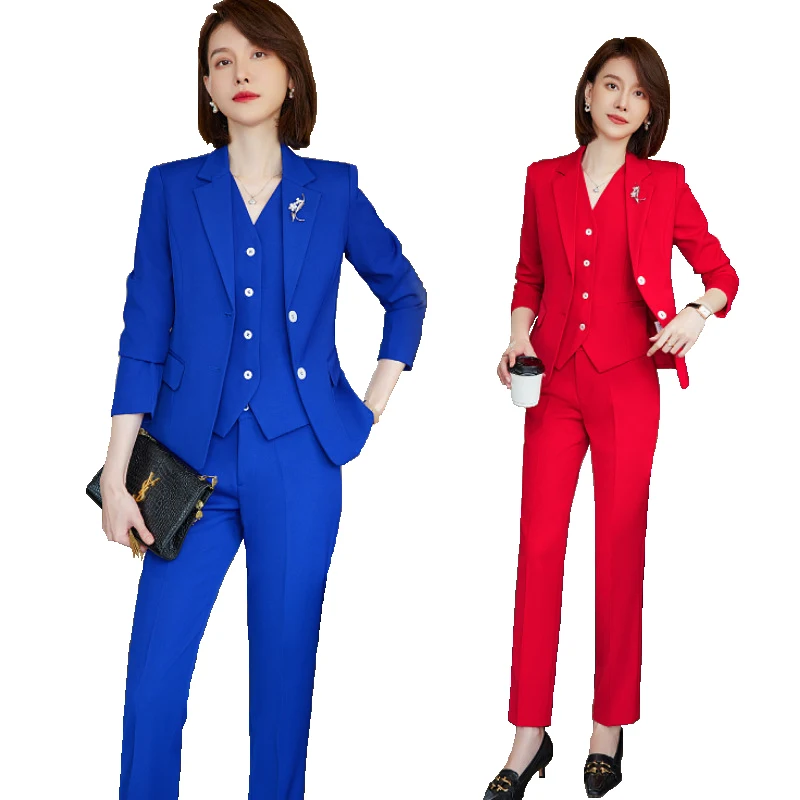 

2023 Women Formal 3 Pieces Set Red Blue Black Office Ladies Long Sleeve For Business Work Career Wear Blazer Vest and Pant Suit